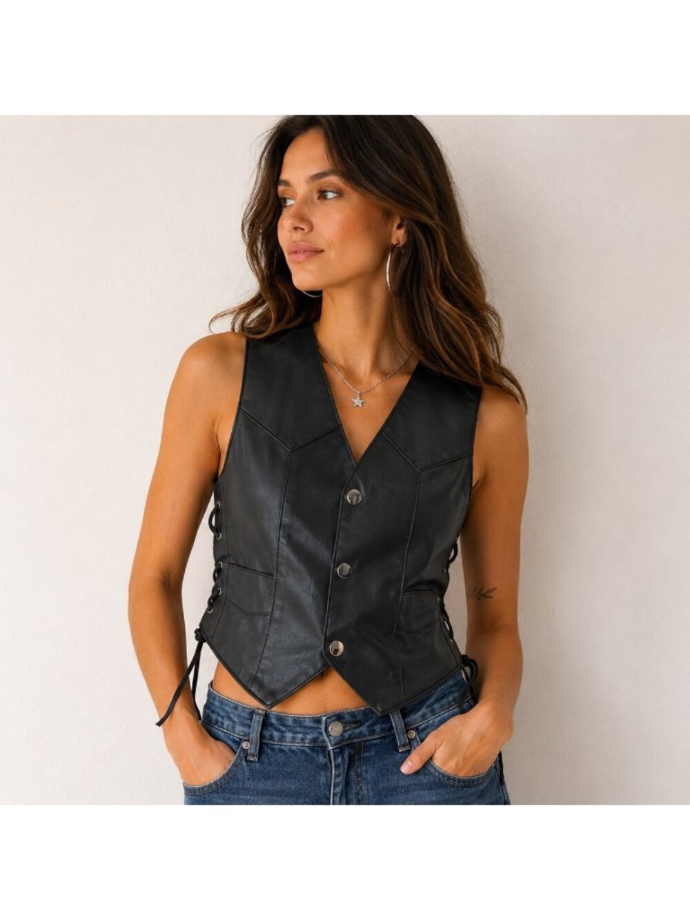 Alpha Cycle Gear Black Leather Lace Up Motorcycle Vest Women’s XS Biker Grunge